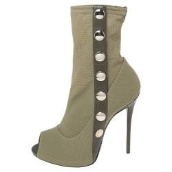 Giuseppe Zanotti Army Green Canvas and Studded Leather Peep-Toe Ankle Boots Size 37