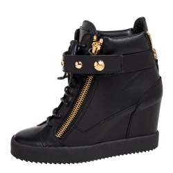 Pre Owned Giuseppe Zanotti Black Leather Lorenz Studded Wedge Sneakers Size 39