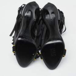 مملوكة مسبقًا صندل جوسيبي زانوتي سويدي وجلد أسود مزخرف كريستال بشراشيب مقدمة مفتوحة مقاس 38