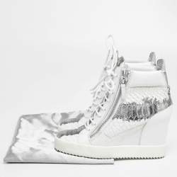 Pre Owned Giuseppe Zanotti White/Silver Python Embossed Leather Wedge Sneakers Size 38