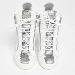 Pre Owned Giuseppe Zanotti White/Silver Python Embossed Leather Wedge Sneakers Size 38