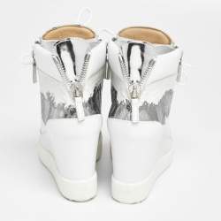 Pre Owned Giuseppe Zanotti White/Silver Python Embossed Leather Wedge Sneakers Size 38