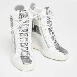 Pre Owned Giuseppe Zanotti White/Silver Python Embossed Leather Wedge Sneakers Size 38