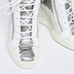 Pre Owned Giuseppe Zanotti White/Silver Python Embossed Leather Wedge Sneakers Size 38
