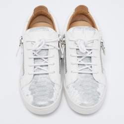 Pre Owned Giuseppe Zanotti White/Silver Python Embossed Leather Donna Low Top Sneakers Size 38