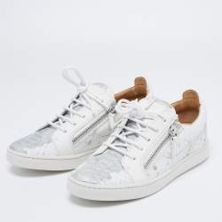 Pre Owned Giuseppe Zanotti White/Silver Python Embossed Leather Donna Low Top Sneakers Size 38