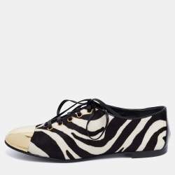 Giuseppe Zanotti White/Black Zebra Print Calf Hair Lace-Up Oxfords Size 38