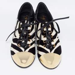 Giuseppe Zanotti White/Black Zebra Print Calf Hair Lace-Up Oxfords Size 38