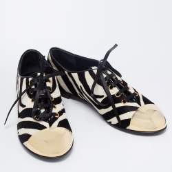 Giuseppe Zanotti White/Black Zebra Print Calf Hair Lace-Up Oxfords Size 38
