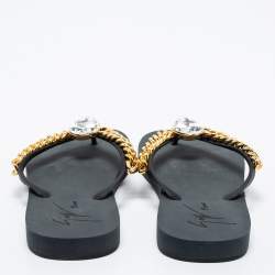 Pre Owned Giuseppe Zanotti Black Rubber Crystal Embellished Sunset Chain Detail Flip Flops Size 38