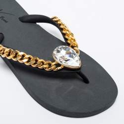 Pre Owned Giuseppe Zanotti Black Rubber Crystal Embellished Sunset Chain Detail Flip Flops Size 38