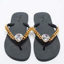 Pre Owned Giuseppe Zanotti Black Rubber Crystal Embellished Sunset Chain Detail Flip Flops Size 38