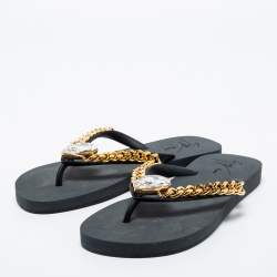 Pre Owned Giuseppe Zanotti Black Rubber Crystal Embellished Sunset Chain Detail Flip Flops Size 38