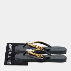 Pre Owned Giuseppe Zanotti Black Rubber Crystal Embellished Sunset Chain Detail Flip Flops Size 38