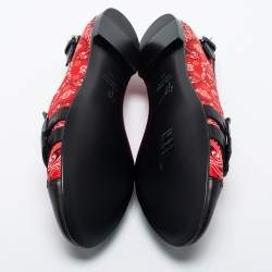 Pre Owned Giuseppe Zanotti Red/Black Printed Satin and Leather Buckle Detail Smoking Slippers Size 41