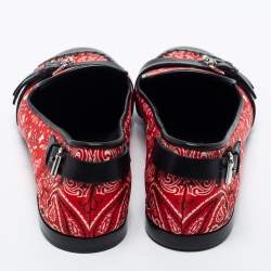 Pre Owned Giuseppe Zanotti Red/Black Printed Satin and Leather Buckle Detail Smoking Slippers Size 41
