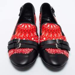 Pre Owned Giuseppe Zanotti Red/Black Printed Satin and Leather Buckle Detail Smoking Slippers Size 41