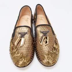 Pre Owned Giuseppe Zanotti Green/Black Leather Studded Smoking Slippers Size 41