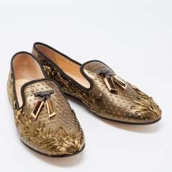 Pre Owned Giuseppe Zanotti Green/Black Leather Studded Smoking Slippers Size 41