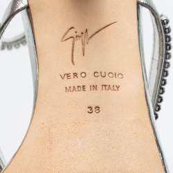Pre Owned Giuseppe Zanotti Silver Crystal Embellished Leather Alien Ankle Strap Sandals Size 38