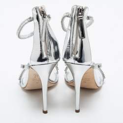 Pre Owned Giuseppe Zanotti Silver Crystal Embellished Leather Alien Ankle Strap Sandals Size 38