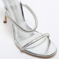 Pre Owned Giuseppe Zanotti Silver Crystal Embellished Leather Alien Ankle Strap Sandals Size 38