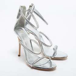 Pre Owned Giuseppe Zanotti Silver Crystal Embellished Leather Alien Ankle Strap Sandals Size 38