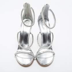 Pre Owned Giuseppe Zanotti Silver Crystal Embellished Leather Alien Ankle Strap Sandals Size 38