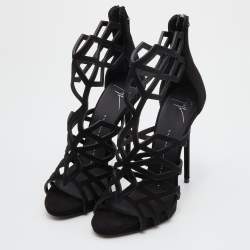 مملوكة مسبقًا Giuseppe Zanotti Black Suede Cutout Caged Ankle Strap Sandals Size 38
