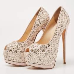 مملوكة مسبقًا Giuseppe Zanotti Pink Glitter Lace Sharon Platform Peep Toe Pumps Size 36