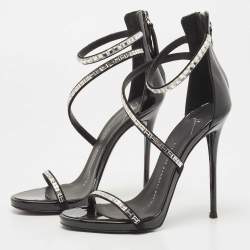 Pre Owned Giuseppe Zanotti Black Patent Crystal Embellished Ankle Wrap Sandals Size 35