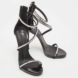 Pre Owned Giuseppe Zanotti Black Patent Crystal Embellished Ankle Wrap Sandals Size 35