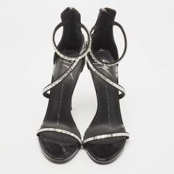 Pre Owned Giuseppe Zanotti Black Patent Crystal Embellished Ankle Wrap Sandals Size 35