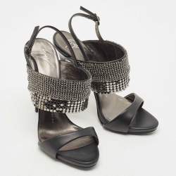 Pre Owned صندل جوسيبي زانوتي كولين جلد أسود مزخرف بحزام للكاحل مقاس 37.5