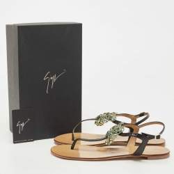 Pre Owned Giuseppe Zanotti Black Textured Leather Crystal Embellished Thong Flat Sandals Size 41