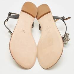 Pre Owned Giuseppe Zanotti Black Textured Leather Crystal Embellished Thong Flat Sandals Size 41