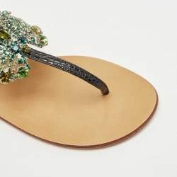 Pre Owned Giuseppe Zanotti Black Textured Leather Crystal Embellished Thong Flat Sandals Size 41