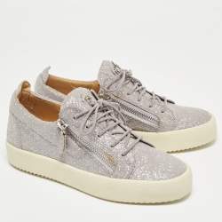 Pre Owned Giuseppe Zanotti Metallic Grey Suede Double Zip Low Top Sneakers Size 41