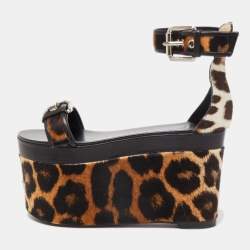 Pre Owned Giuseppe Zanotti Brown Leather and Calf Hair Leopard Ankle Strap Platform Sandals Size 37
