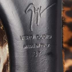 Pre Owned Giuseppe Zanotti Brown Leather and Calf Hair Leopard Ankle Strap Platform Sandals Size 37