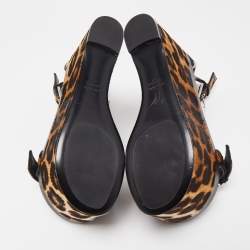 Pre Owned Giuseppe Zanotti Brown Leather and Calf Hair Leopard Ankle Strap Platform Sandals Size 37