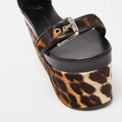 Pre Owned Giuseppe Zanotti Brown Leather and Calf Hair Leopard Ankle Strap Platform Sandals Size 37