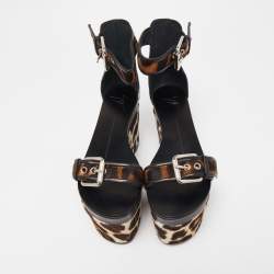 Pre Owned Giuseppe Zanotti Brown Leather and Calf Hair Leopard Ankle Strap Platform Sandals Size 37