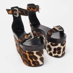 Pre Owned Giuseppe Zanotti Brown Leather and Calf Hair Leopard Ankle Strap Platform Sandals Size 37
