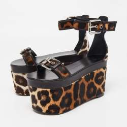 Pre Owned Giuseppe Zanotti Brown Leather and Calf Hair Leopard Ankle Strap Platform Sandals Size 37