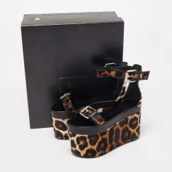 Pre Owned Giuseppe Zanotti Brown Leather and Calf Hair Leopard Ankle Strap Platform Sandals Size 37