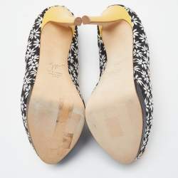 Pre Owned Giuseppe Zanotti Black/White Embroidered Canvas Sharon Peep Toe Pumps Size 37.5