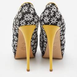 Pre Owned Giuseppe Zanotti Black/White Embroidered Canvas Sharon Peep Toe Pumps Size 37.5