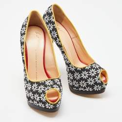 Pre Owned Giuseppe Zanotti Black/White Embroidered Canvas Sharon Peep Toe Pumps Size 37.5