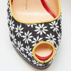 Pre Owned Giuseppe Zanotti Black/White Embroidered Canvas Sharon Peep Toe Pumps Size 37.5